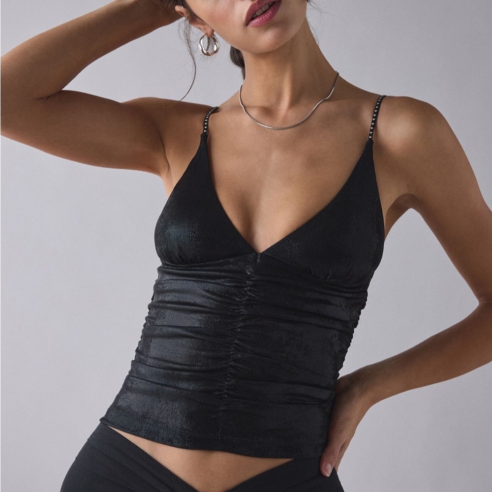 Urban Outfitters Helly Ruched Plunging Rhinestone Strap Tank Top